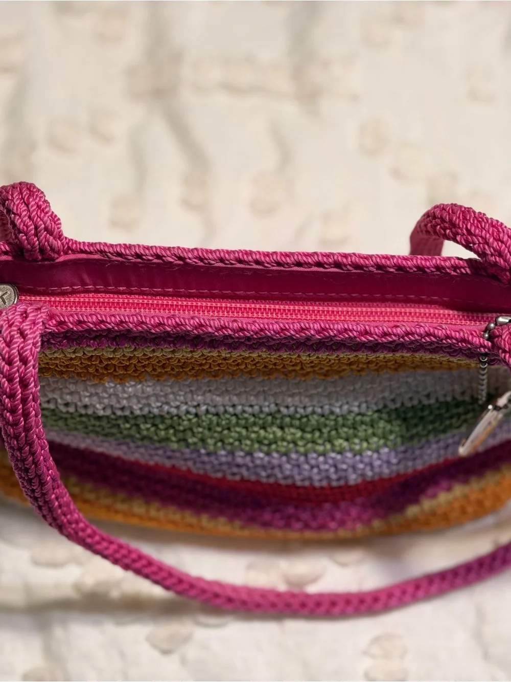 The Sak Small Handbag Knit Crochet Striped Fully Lined Purse Zipper Closure